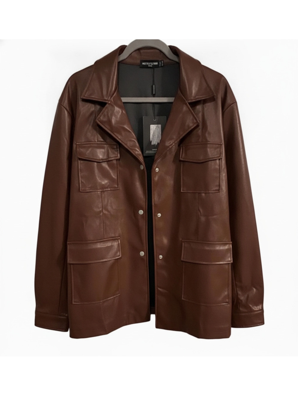 PrettyLittleThing NWT Brown Faux Leather Belted Jacket Streetwear 70s Vibe 2